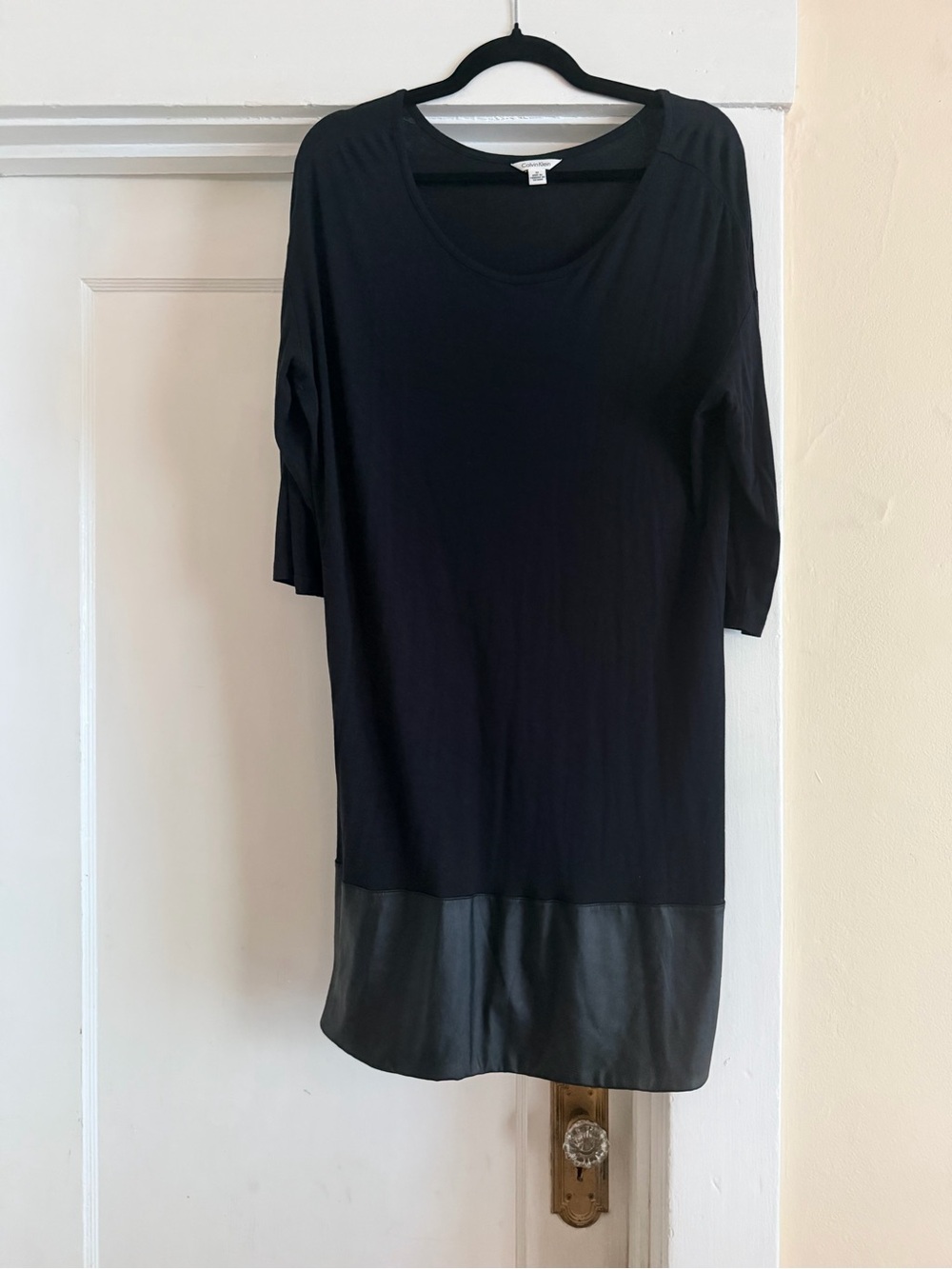 Calvin Klein Black Scoop Neck Tunic Dress With Faux Leather Hem